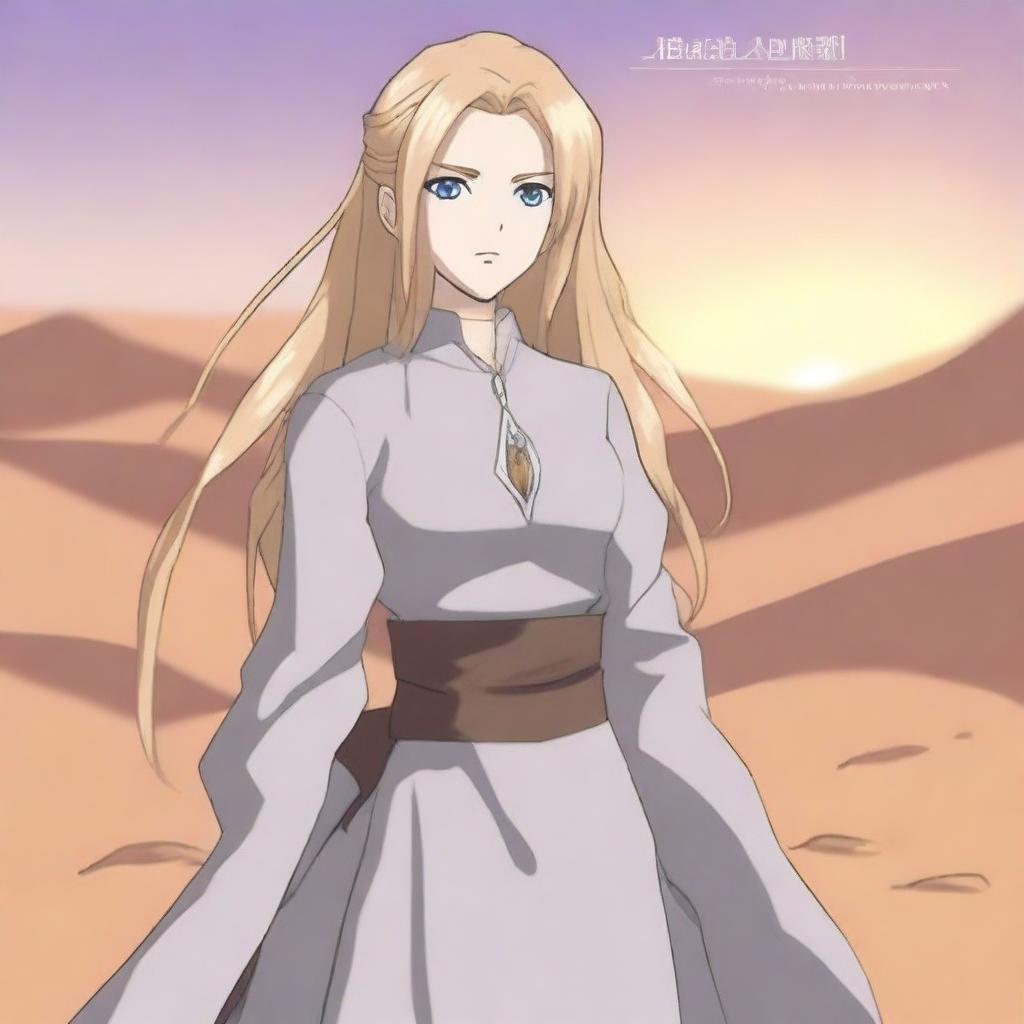 Aliseya stands alone, surrounded by a silver desert in anime style