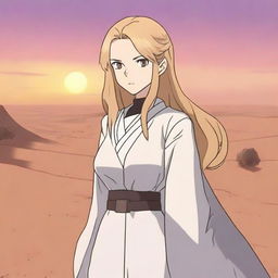 Aliseya stands alone, surrounded by a silver desert in anime style