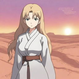 Aliseya stands alone, surrounded by a silver desert in anime style