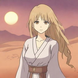 Aliseya stands alone, surrounded by a silver desert in anime style