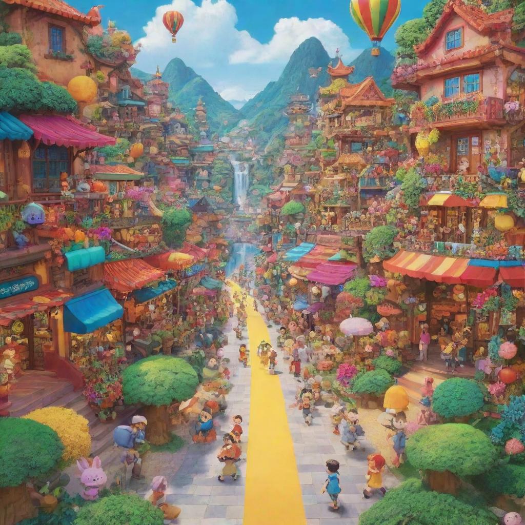 A vibrant and lively scenery filled with colorful and animated characters