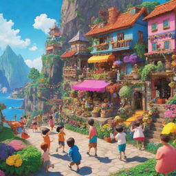 A vibrant and lively scenery filled with colorful and animated characters