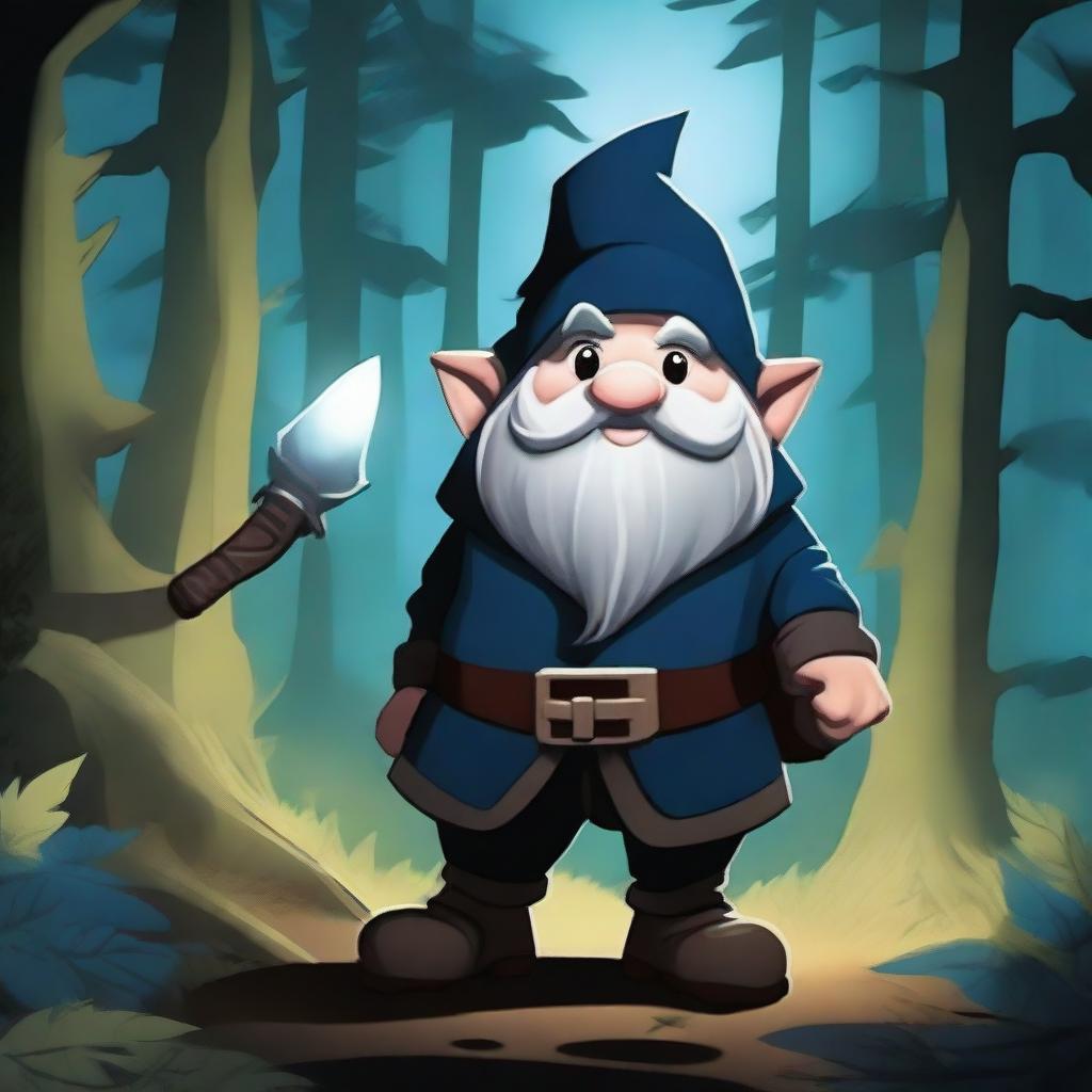 A rogue gnome dressed in dark, stealthy clothing, sneaking through a dense forest at night