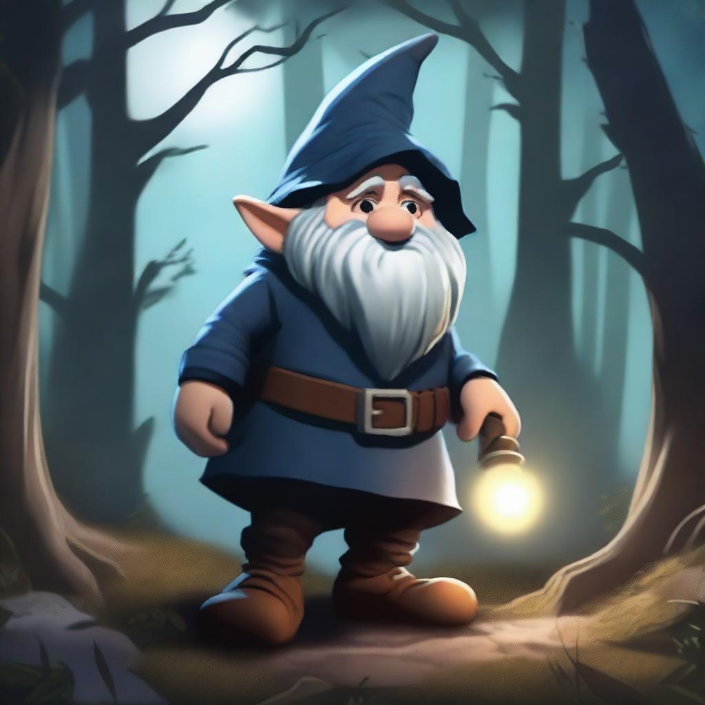 A rogue gnome dressed in dark, stealthy clothing, sneaking through a dense forest at night