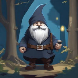 A rogue gnome dressed in dark, stealthy clothing, sneaking through a dense forest at night