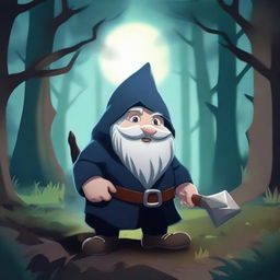 A rogue gnome dressed in dark, stealthy clothing, sneaking through a dense forest at night