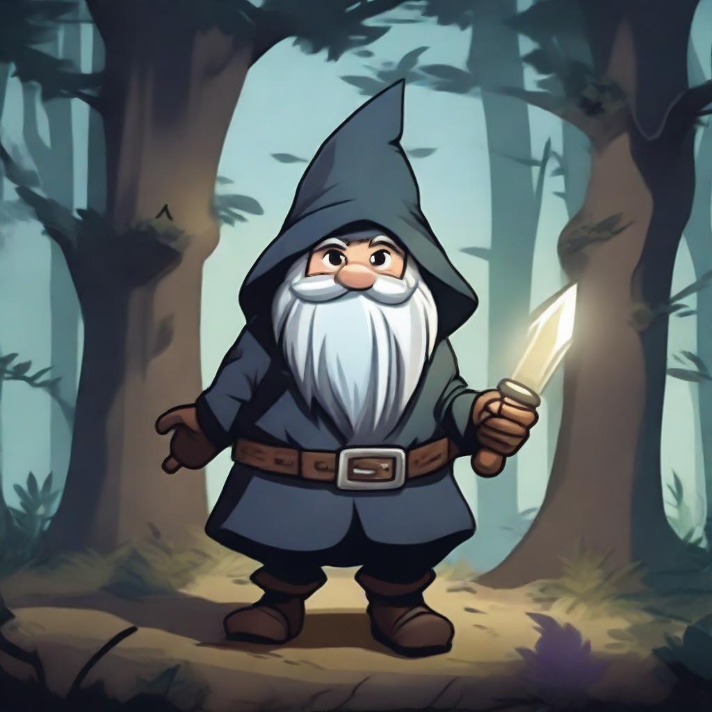 A rogue gnome character from Dungeons & Dragons, dressed in dark, stealthy clothing, sneaking through a dense forest at night