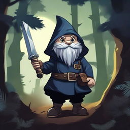 A rogue gnome character from Dungeons & Dragons, dressed in dark, stealthy clothing, sneaking through a dense forest at night