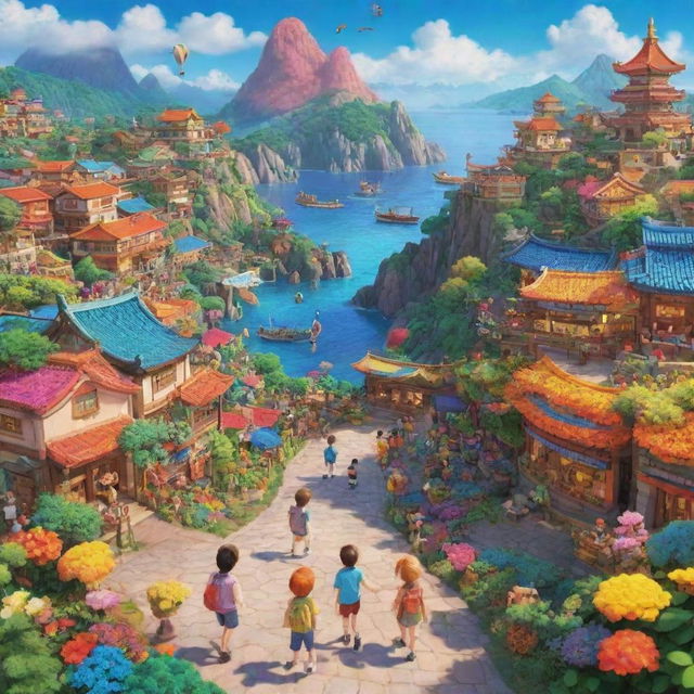 A vibrant and lively scenery filled with colorful and animated characters