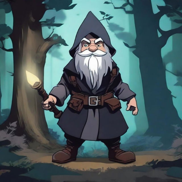 A rogue gnome character from Dungeons & Dragons, dressed in dark, stealthy clothing, sneaking through a dense forest at night