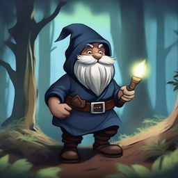 A rogue gnome character from Dungeons & Dragons, dressed in dark, stealthy clothing, sneaking through a dense forest at night