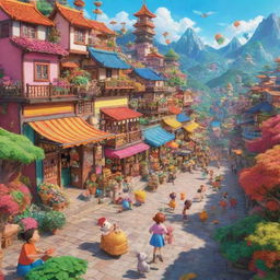 A vibrant and lively scenery filled with colorful and animated characters