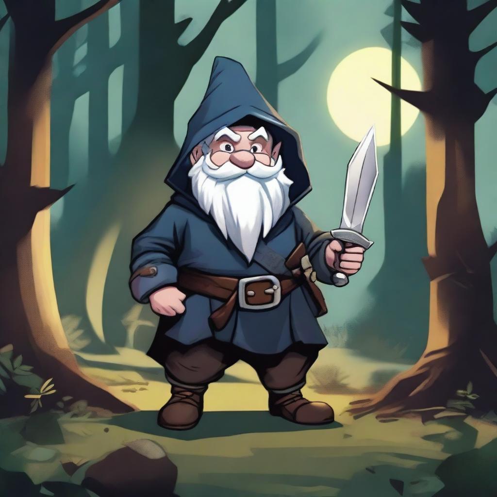 A male rogue gnome character from Dungeons & Dragons, depicted in an art style reminiscent of classic D&D illustrations