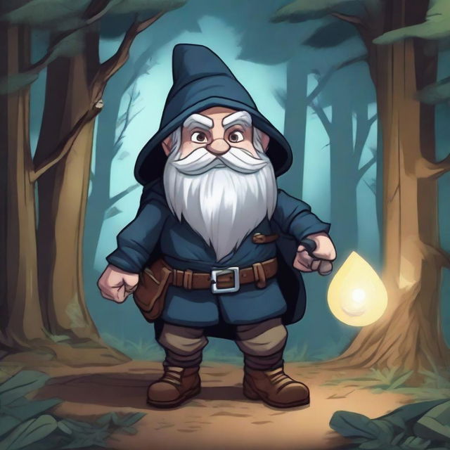 A male rogue gnome character from Dungeons & Dragons, depicted in an art style reminiscent of classic D&D illustrations