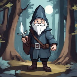 A male rogue gnome character from Dungeons & Dragons, depicted in an art style reminiscent of classic D&D illustrations