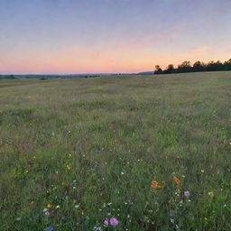 A serene sunset over a beautiful green meadow, with wildflowers scattered around and a clear, blue sky with soft pink and orange hues.