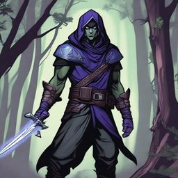 A male rogue night elf character from Dungeons & Dragons, depicted in an art style reminiscent of classic D&D illustrations