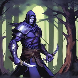 A male rogue night elf character from Dungeons & Dragons, depicted in an art style reminiscent of classic D&D illustrations