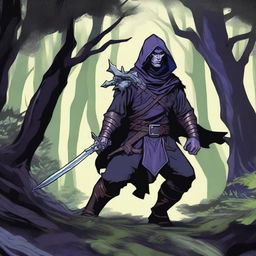 A male rogue night elf character from Dungeons & Dragons, depicted in an art style reminiscent of classic D&D illustrations