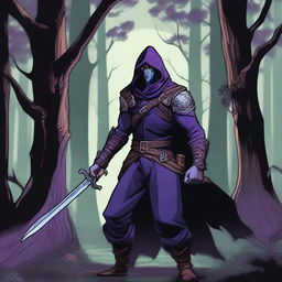 A male rogue night elf character from Dungeons & Dragons, depicted in an art style reminiscent of classic D&D illustrations