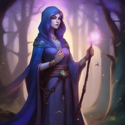 A female wizard night elf character from Dungeons & Dragons, depicted in an art style reminiscent of classic D&D illustrations