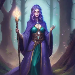 A female wizard night elf character from Dungeons & Dragons, depicted in an art style reminiscent of classic D&D illustrations