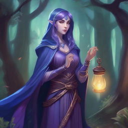 A female wizard night elf character from Dungeons & Dragons, depicted in an art style reminiscent of classic D&D illustrations