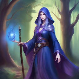 A female wizard night elf character from Dungeons & Dragons, depicted in an art style reminiscent of classic D&D illustrations