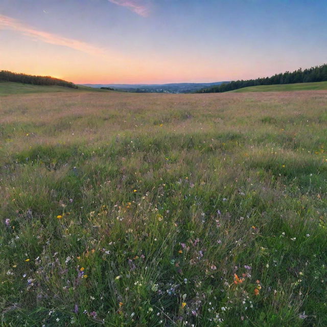 A serene sunset over a beautiful green meadow, with wildflowers scattered around and a clear, blue sky with soft pink and orange hues.