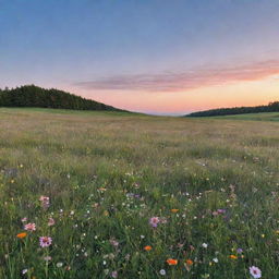 A serene sunset over a beautiful green meadow, with wildflowers scattered around and a clear, blue sky with soft pink and orange hues.