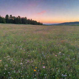 A serene sunset over a beautiful green meadow, with wildflowers scattered around and a clear, blue sky with soft pink and orange hues.