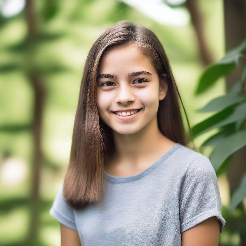 A portrait of a teenage girl with a friendly smile, wearing casual clothes and standing in a natural outdoor setting