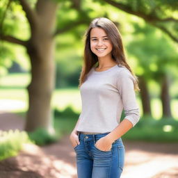 A portrait of a teenage girl with a friendly smile, wearing casual clothes and standing in a natural outdoor setting