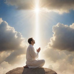 A serene and heavenly scene showing a human in devout prayer, communicating with a divine, glowing presence indicative of God, symbolically represented in ethereal light and clouds.