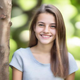 A portrait of a teenage girl with a friendly smile, wearing casual clothes and standing in a natural outdoor setting