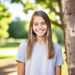 A portrait of a teenage girl with a friendly smile, wearing casual clothes and standing in a natural outdoor setting