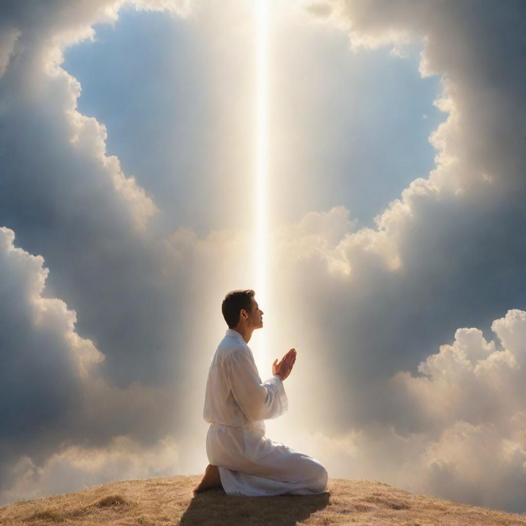 A serene and heavenly scene showing a human in devout prayer, communicating with a divine, glowing presence indicative of God, symbolically represented in ethereal light and clouds.