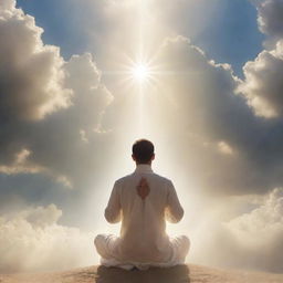 A serene and heavenly scene showing a human in devout prayer, communicating with a divine, glowing presence indicative of God, symbolically represented in ethereal light and clouds.