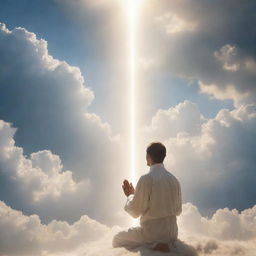 A serene and heavenly scene showing a human in devout prayer, communicating with a divine, glowing presence indicative of God, symbolically represented in ethereal light and clouds.