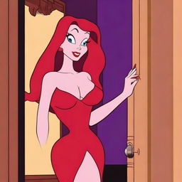 Create an image of Jessica Rabbit in a hidden room behind a wardrobe