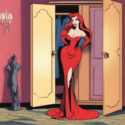 Create an image of Jessica Rabbit in a hidden room behind a wardrobe