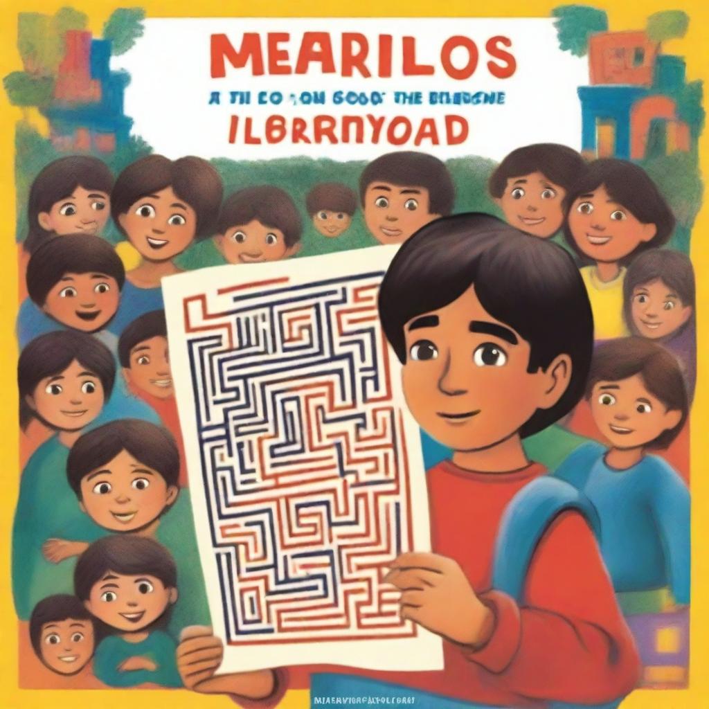 A colorful illustration of Marcos holding his drawing of a labyrinth, with a school background and other children looking curiously