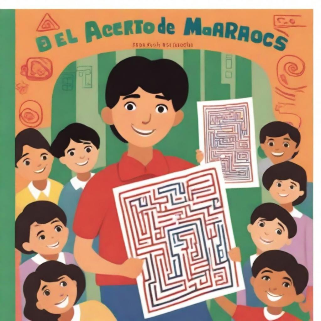 A colorful illustration of Marcos holding his drawing of a labyrinth, with a school background and other children looking curiously