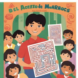 A colorful illustration of Marcos holding his drawing of a labyrinth, with a school background and other children looking curiously