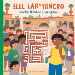 A colorful illustration of Marcos holding his drawing of a labyrinth, with a school background and other children looking curiously