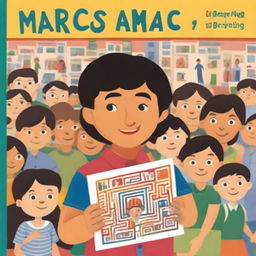 A colorful illustration of Marcos holding his drawing of a labyrinth, with a school background and other children looking curiously