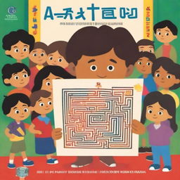 A colorful illustration of Marcos holding his drawing of a labyrinth, with a school background and other children looking curiously