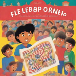 A colorful illustration of Marcos holding his drawing of a labyrinth, with a school background and other children looking curiously