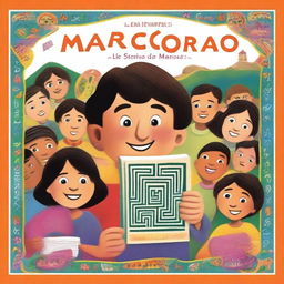 A colorful illustration of Marcos holding his drawing of a labyrinth, with a school background and other children looking curiously