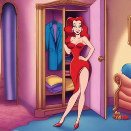 Create an image of Jessica Rabbit wearing a miniskirt in a hidden room behind a wardrobe